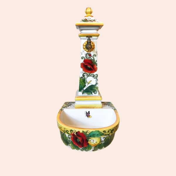 FOUNTAIN IN CERAMIC WITH POPPIES AND BUTTERFLIES cm100h